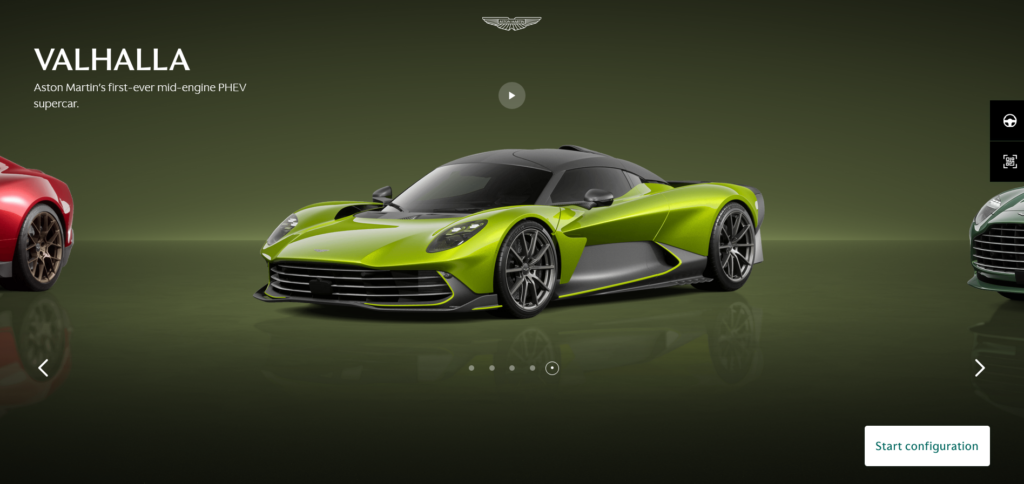 Aston Martin Valhalla in bright green displayed in the car configurator, highlighting the model's futuristic and aerodynamic design