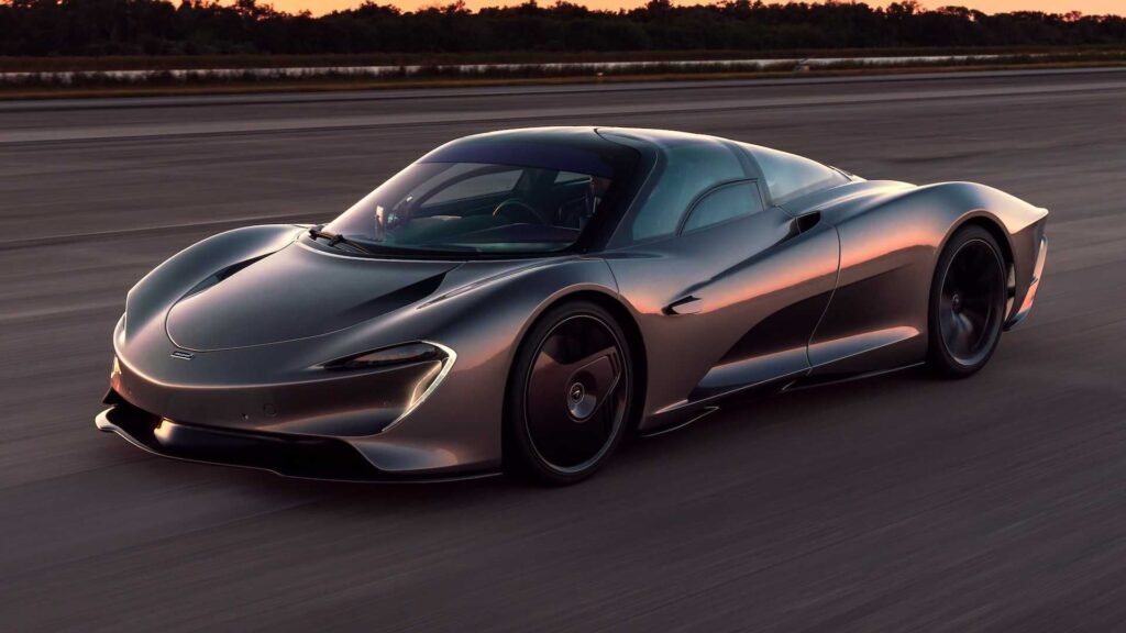 McLaren Speedtail on a track, highlighting its futuristic design and streamlined profile